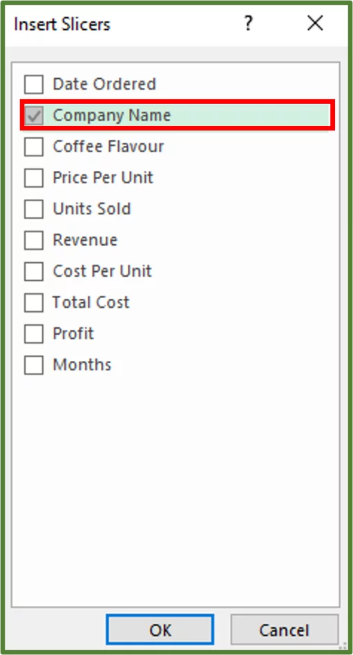 Screenshot showing the Insert Slicers Window.