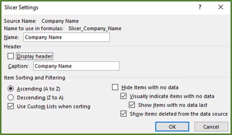 Screenshot showing the Display header option unchecked.