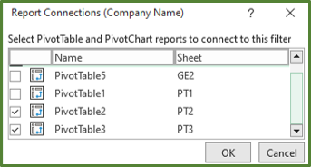 Screenshot showing the PivotTables that the slicer is connected to.