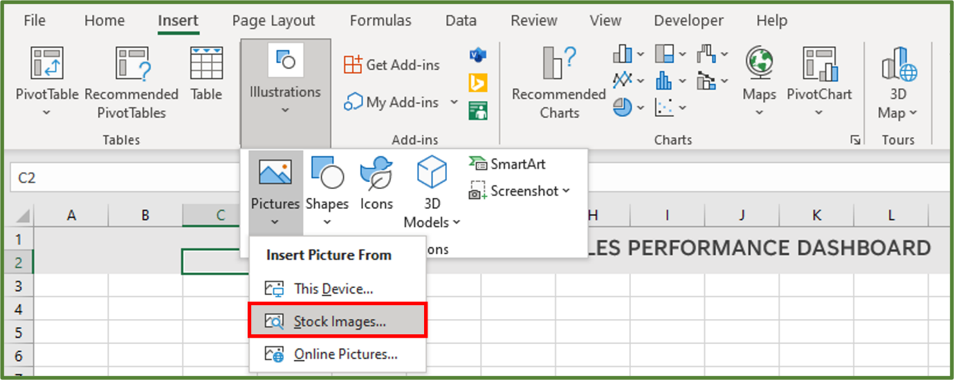Screenshot showing the Stock Images... option highlighted.