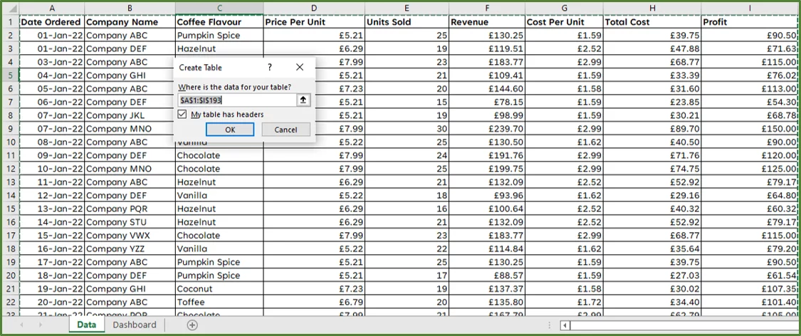 Screenshot showing the Create Table Dialog Box.