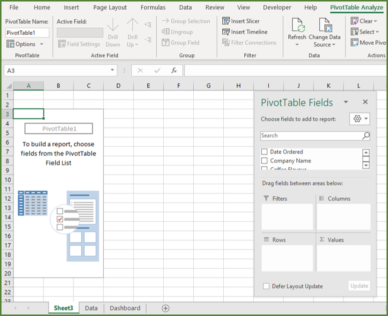 Screenshot showing the PivotTable created on a new sheet.