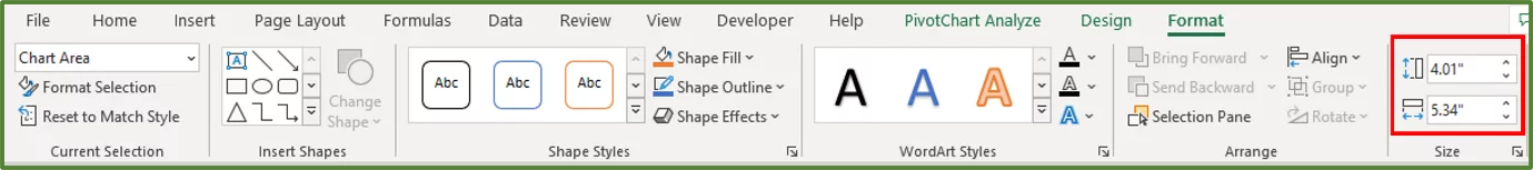 Screenshot showing the new dimensions of the chart.