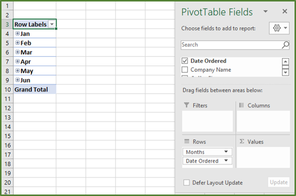 Screenshot showing the Date Ordered field, added to the Row Labels section of the PivotTable.