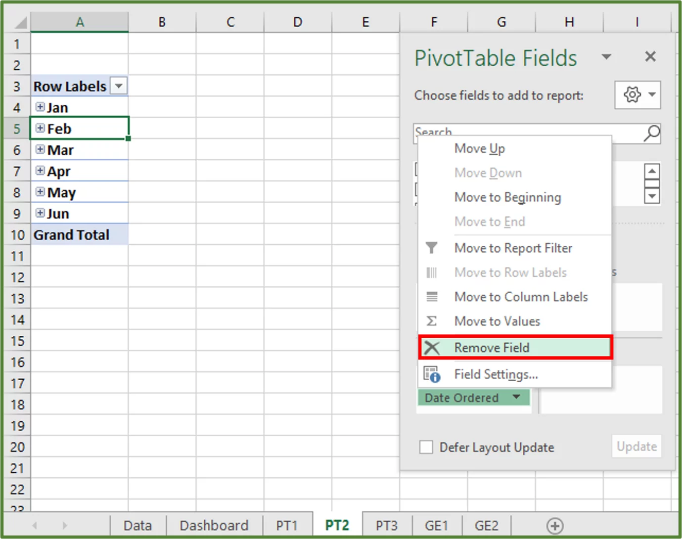 Screenshot showing the Remove Field option highlighted.