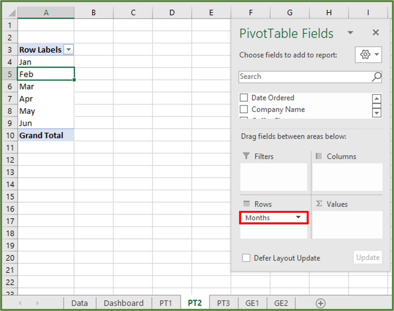 Screenshot showing the Months field in the Row Labels section, highlighted.
