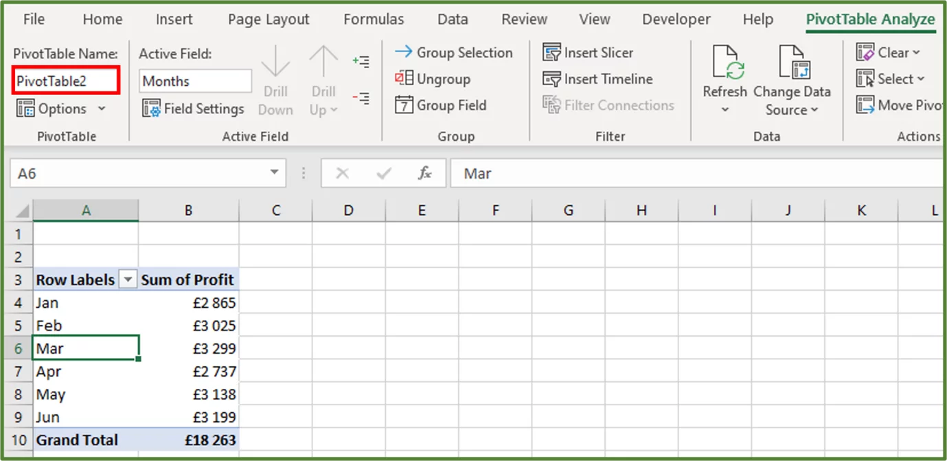 Screenshot showing the new name of the PivotTable.