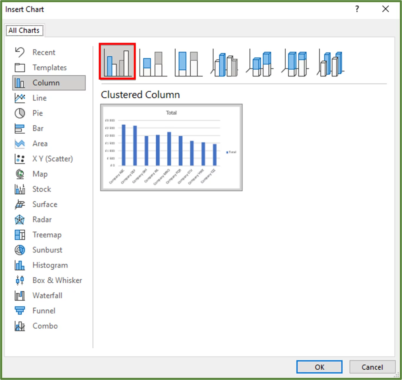 Screenshot showing the Clustered Column option, highlighted.