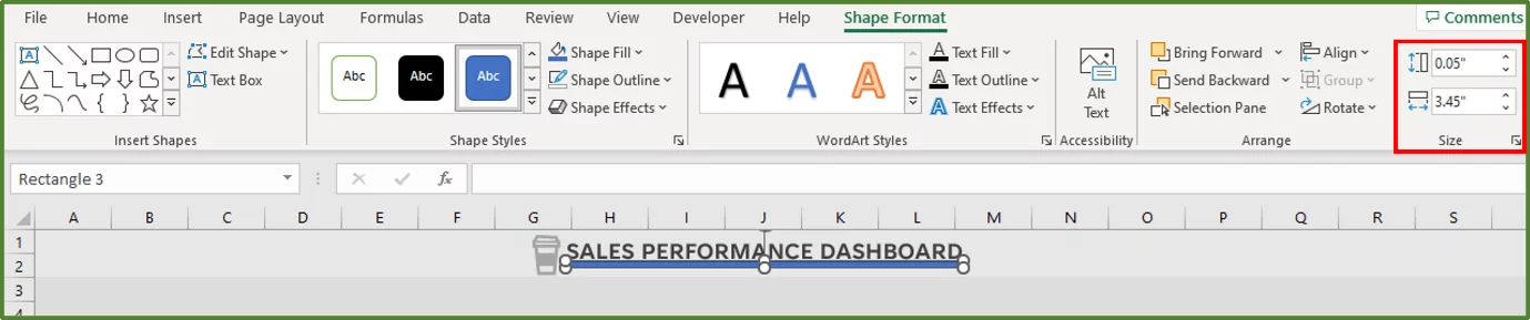 Screenshot showing the size of the rectangle highlighted.