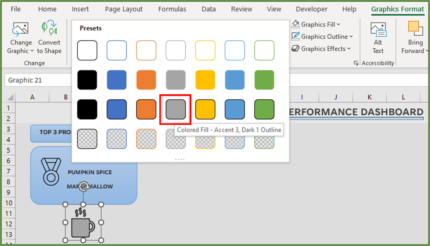 Screenshot showing the Colored Fill – Accent 3, Dark 1 Outline preset, highlighted.