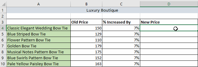 Gif showing how to increase an amount by a percentage in Excel.