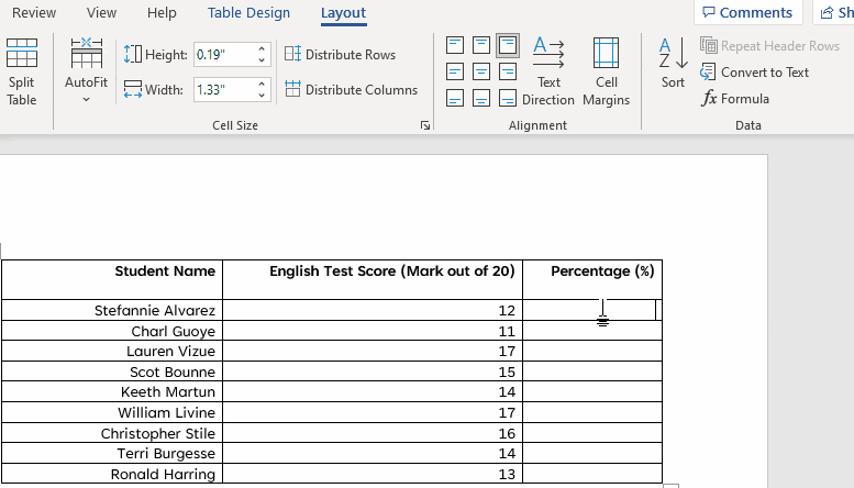 Gif showing how to enter the percentage as a formula in a Word Table.