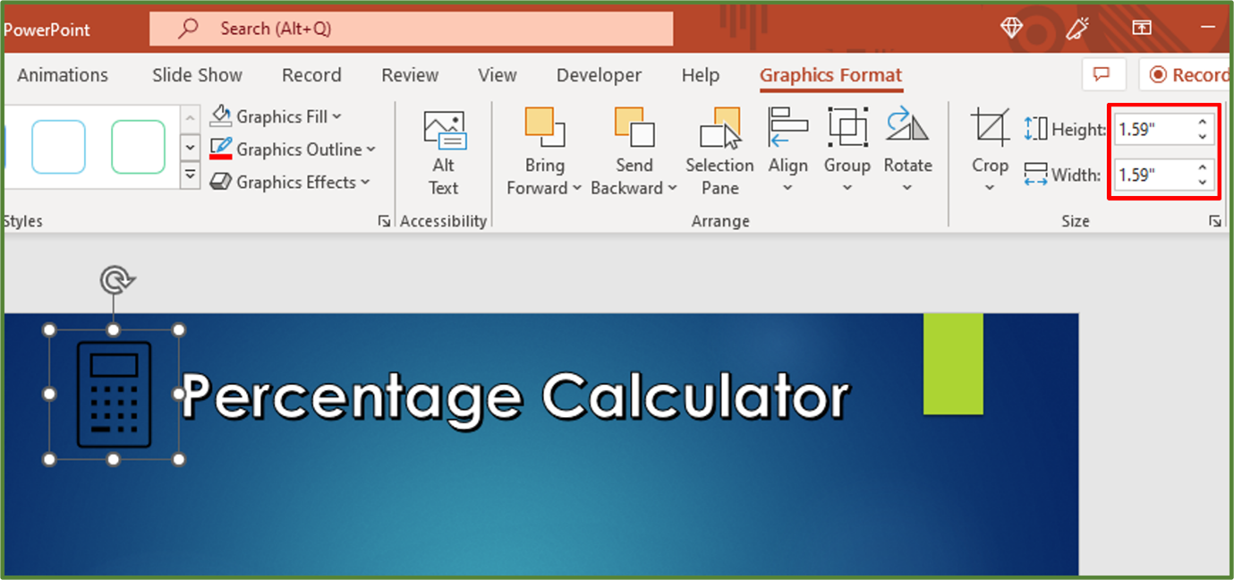 Screenshot showing the new size dimensions of the image.