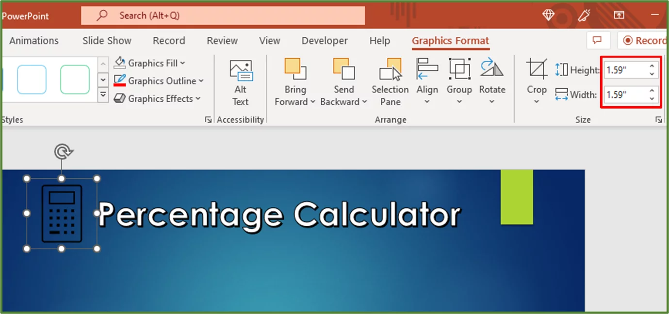 Screenshot showing the new size dimensions of the image.