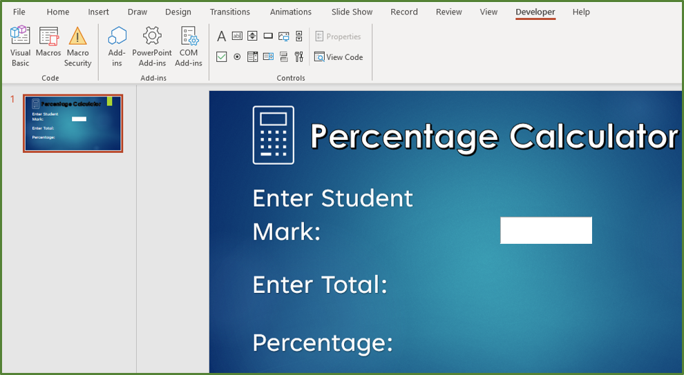 Screenshot showing the Active X Text Box added to the Slide.