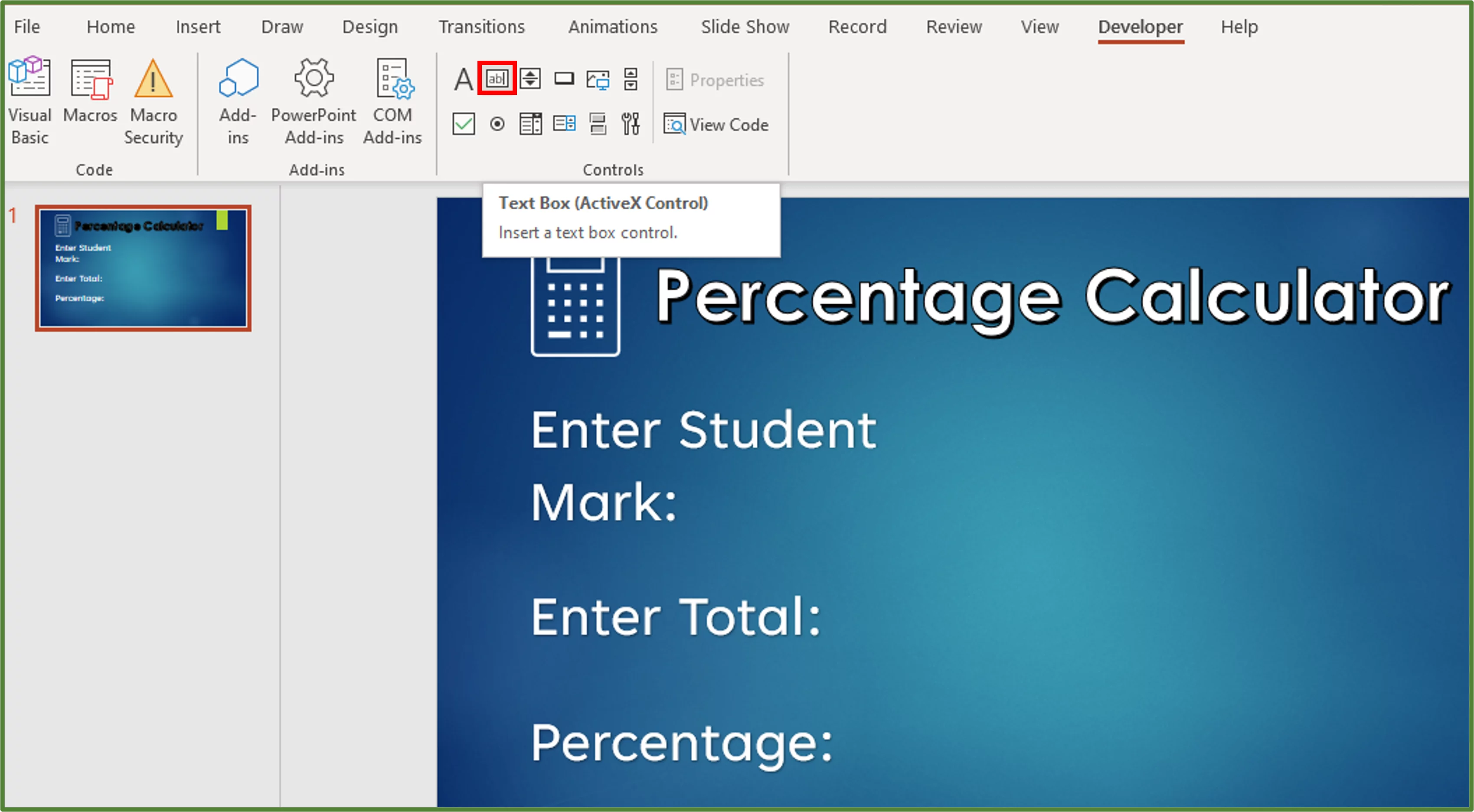 Screenshot showing the ActiveX Text Box, highlighted.