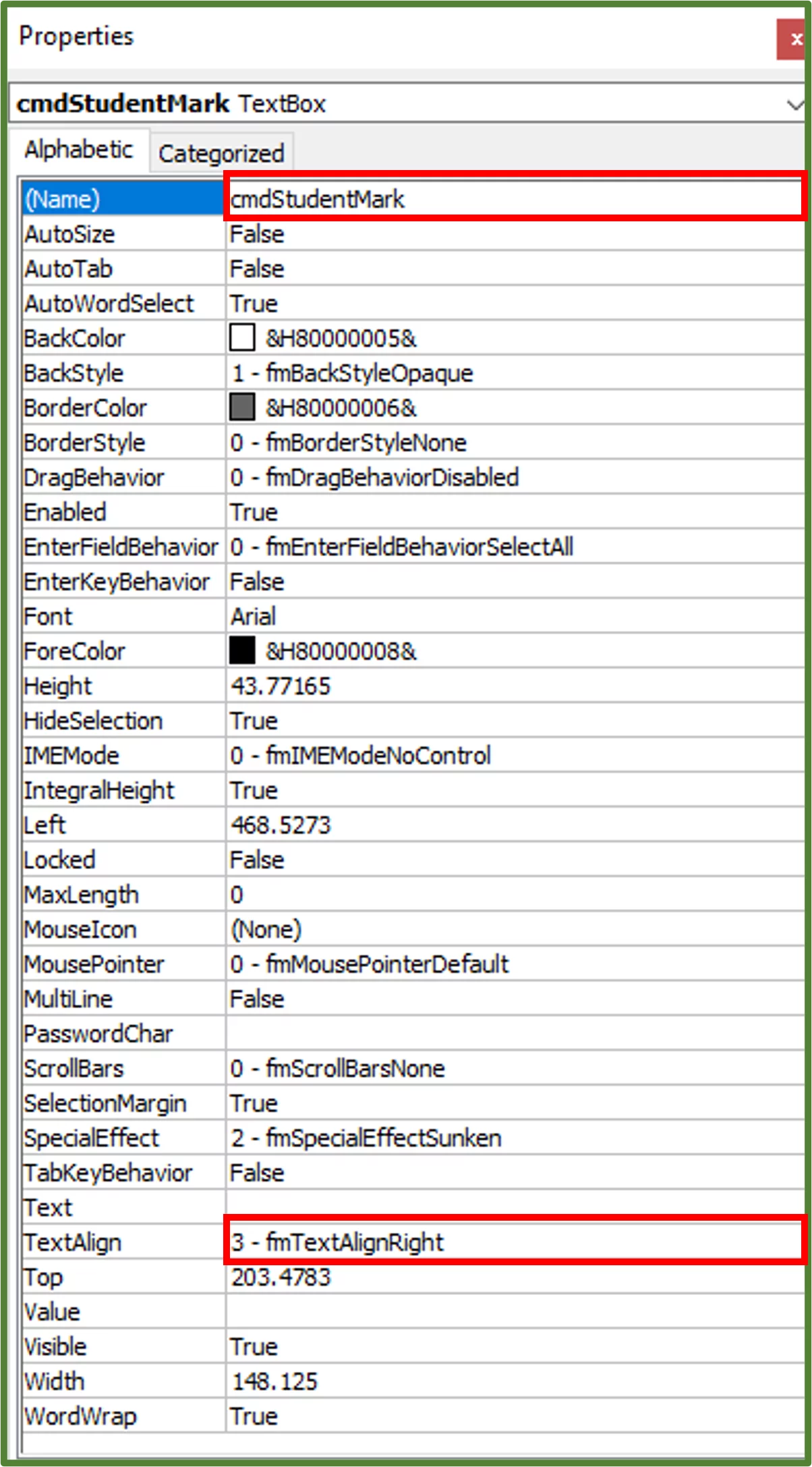Screenshot showing the Properties that have been changed.