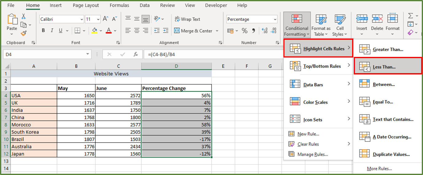 Screenshot showing the Highlight Cells Rules and the Less Than... options, highlighted.