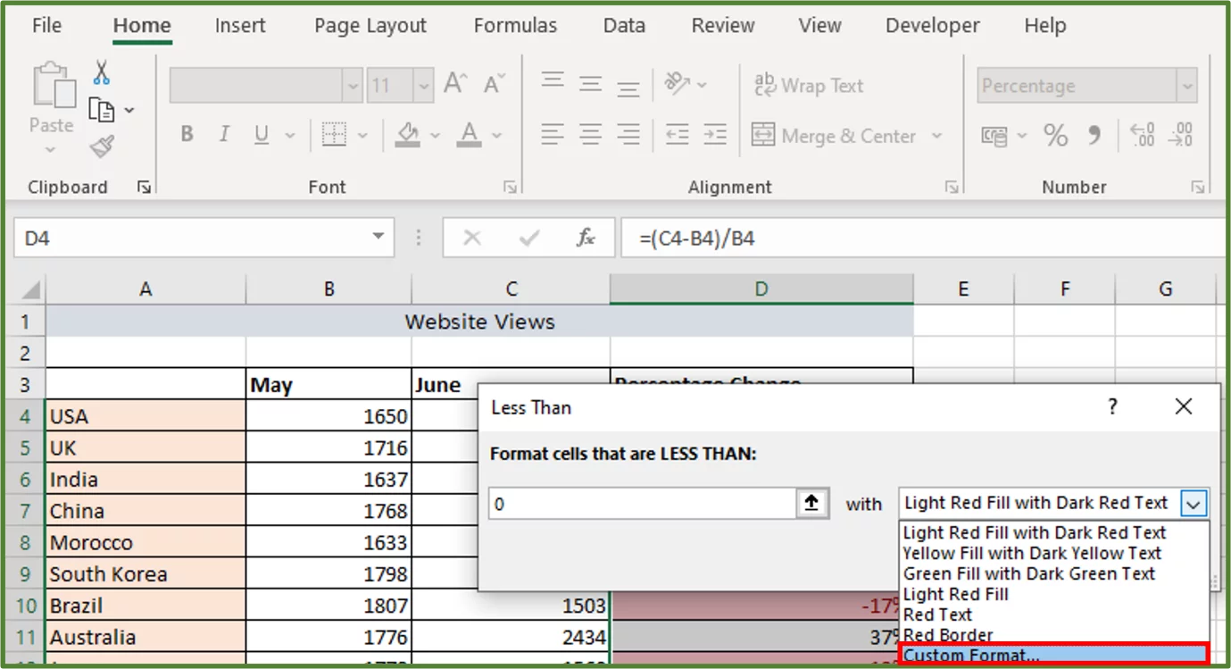 Screenshot showing the Custom Format... option highlighted.