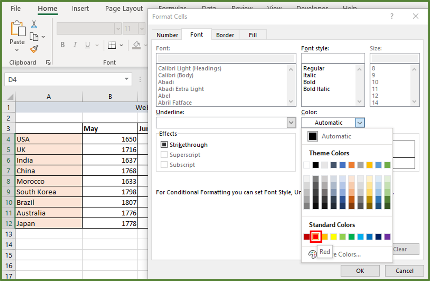 Screenshot showing the Red option, highlighted.