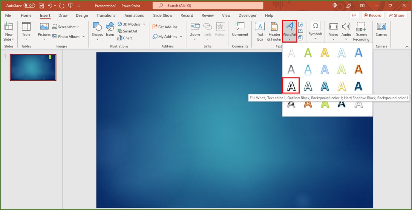 Screenshot showing the WordArt option, highlighted.