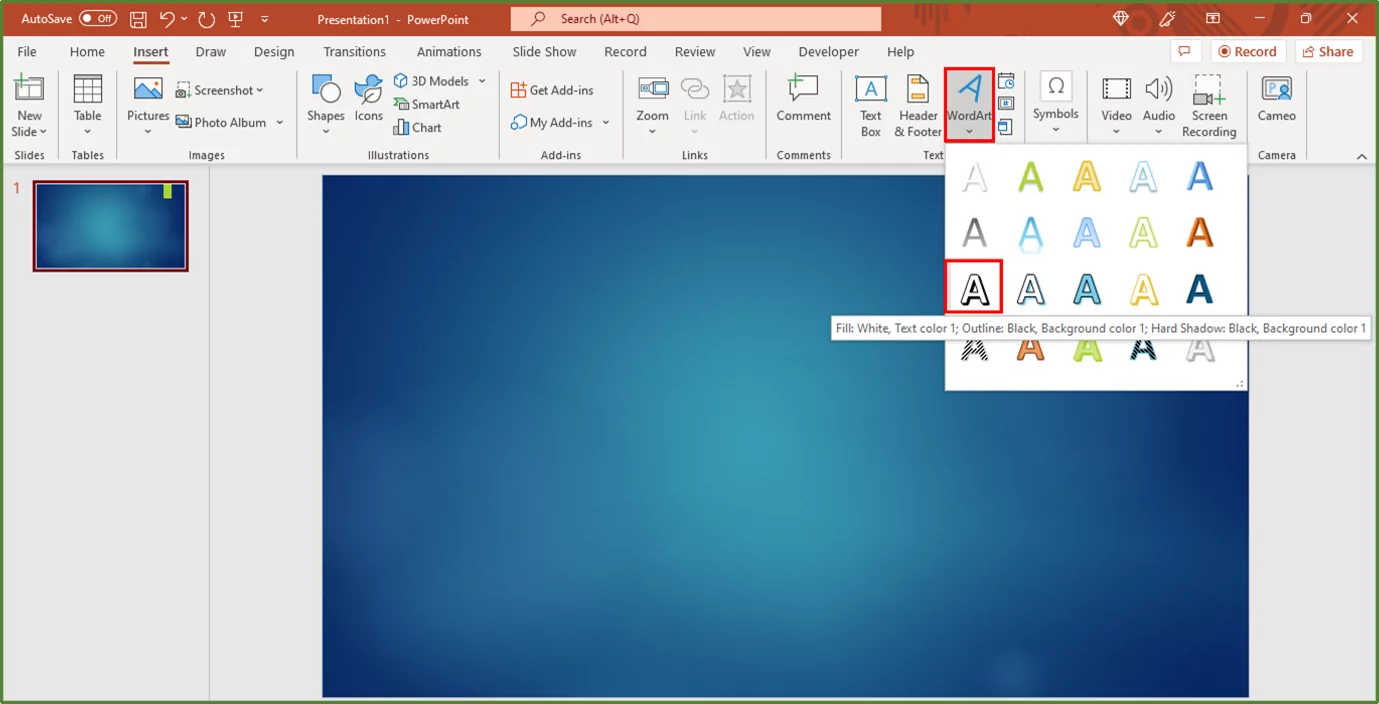Screenshot showing the WordArt option, highlighted.
