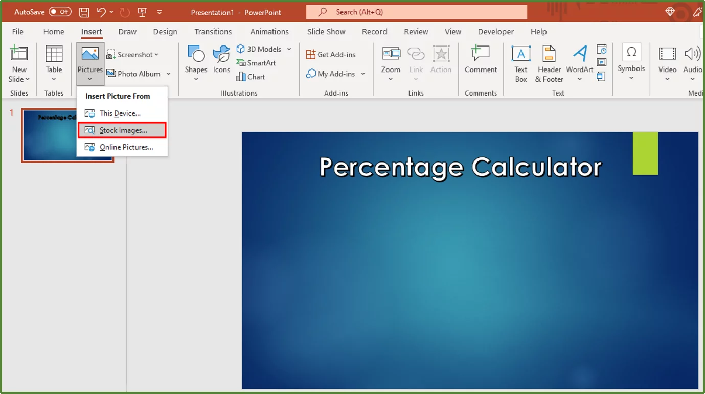 Screenshot showing the Stock Images... option, highlighted.