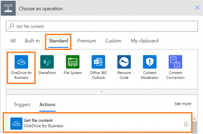 Click on OneDrive for Business under Standard tab and click on Get file content.