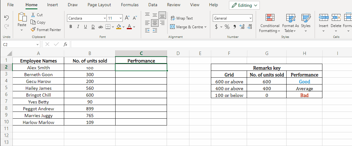 Setting up the XLOOKUP function to grade the performance of employees