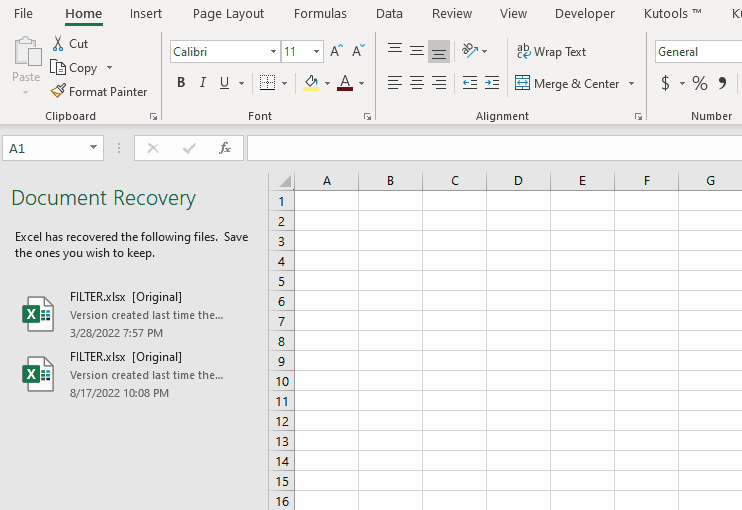 Recovering Excel file from Document Recovery pane