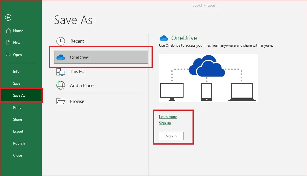 The Sign-in option of OneDrive
