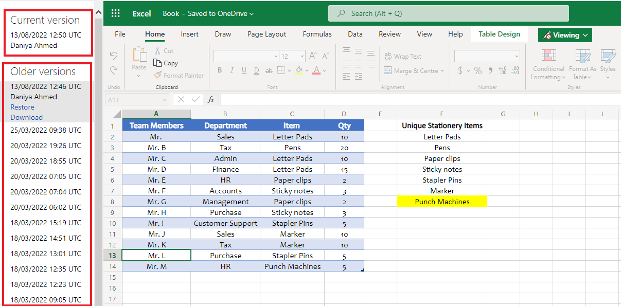 Different versions of Excel workbooks saved by OneDrive