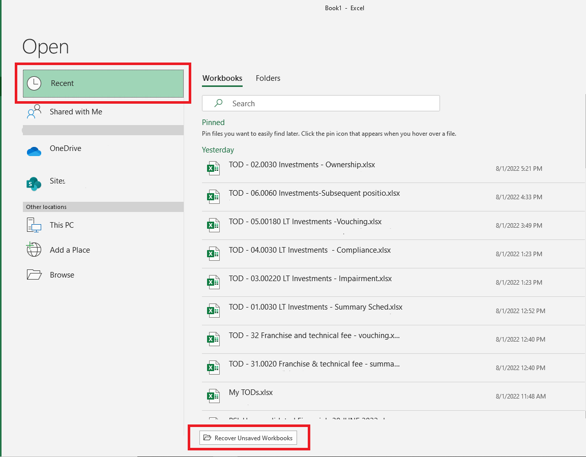 The option to Recover Unsaved Workbooks