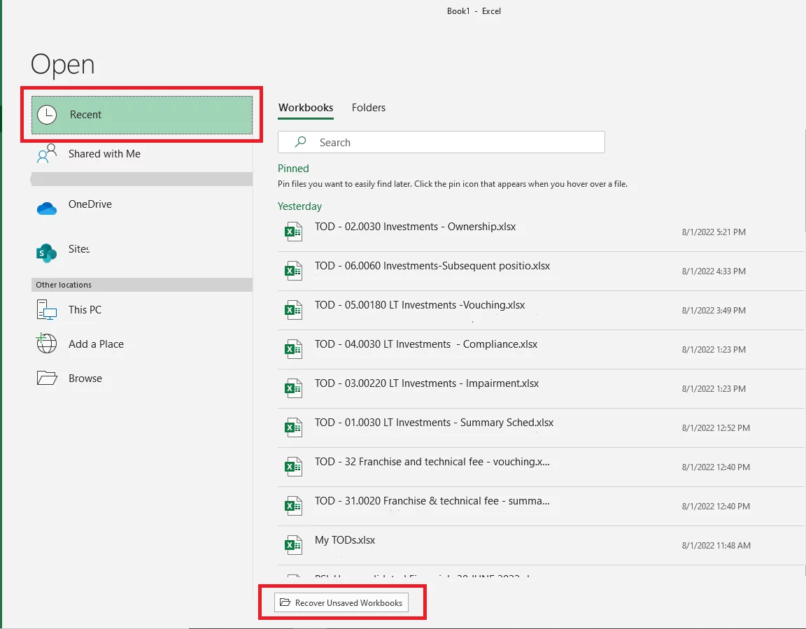 The option to Recover Unsaved Workbooks