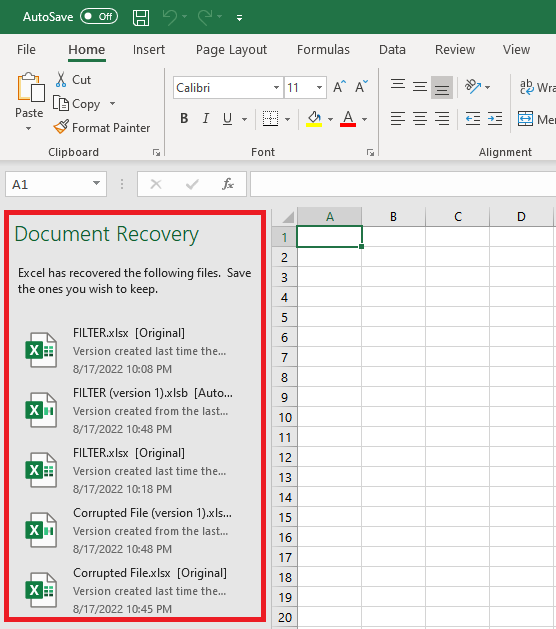 The Excel Auto-recover window
