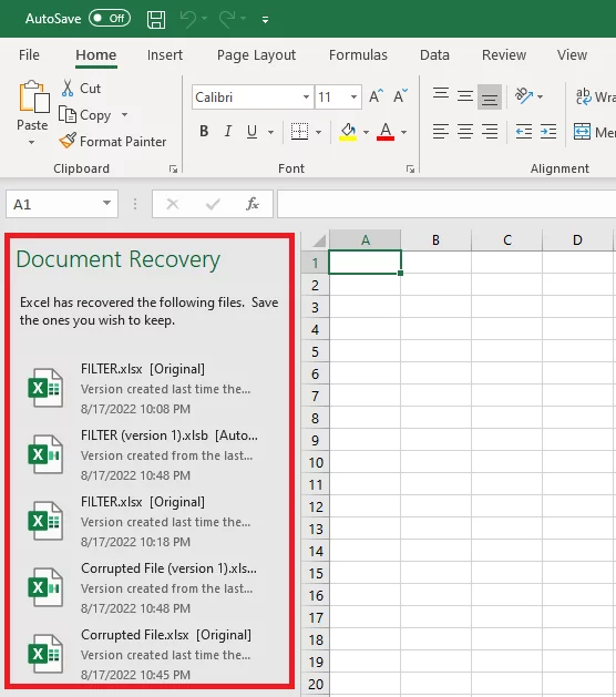 The Excel Auto-recover window