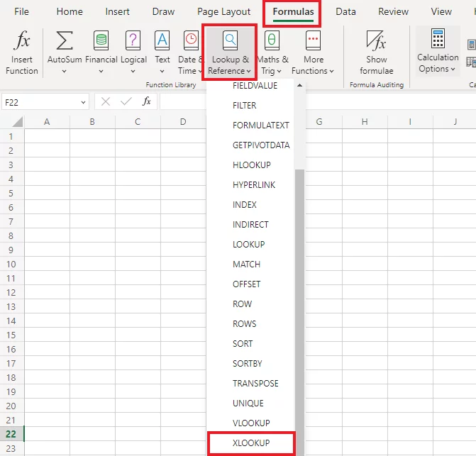 The XLOOKUP function in Excel's Function Library