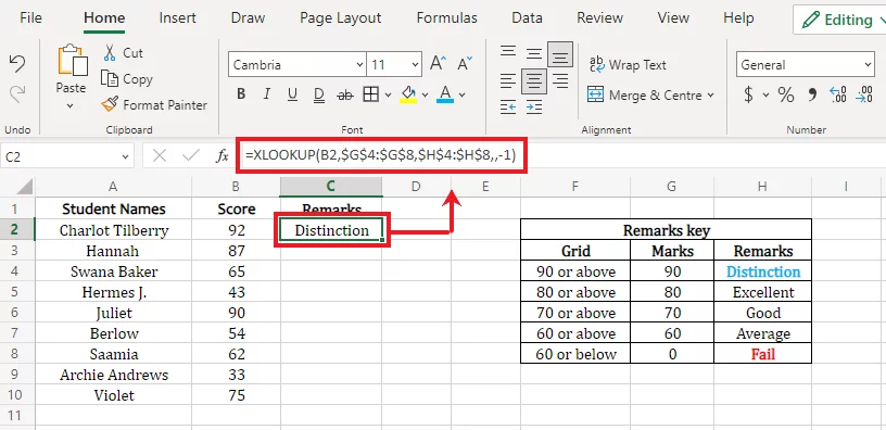 XLOOKUP remarks on a student based on his scores