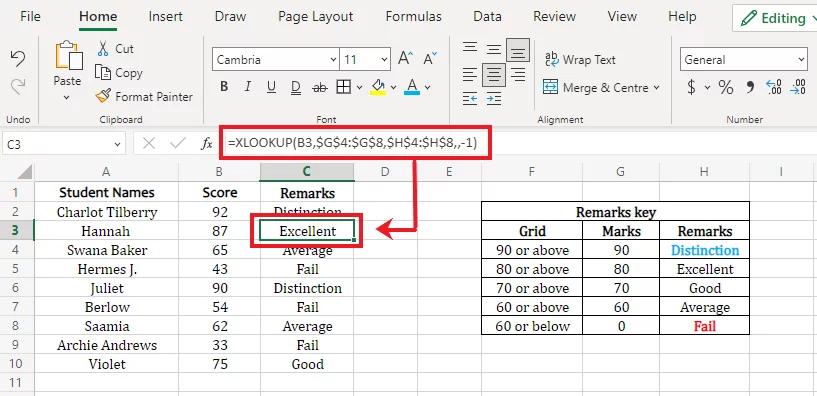 XLOOKUP remarks on all students based on their scores