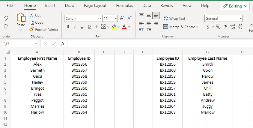 Employee IDs and last names of employees