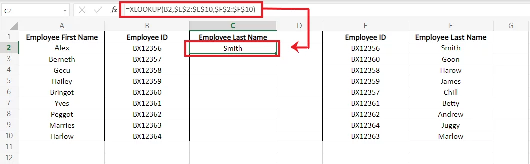 Excel gives back the last name of the employee against the employee ID