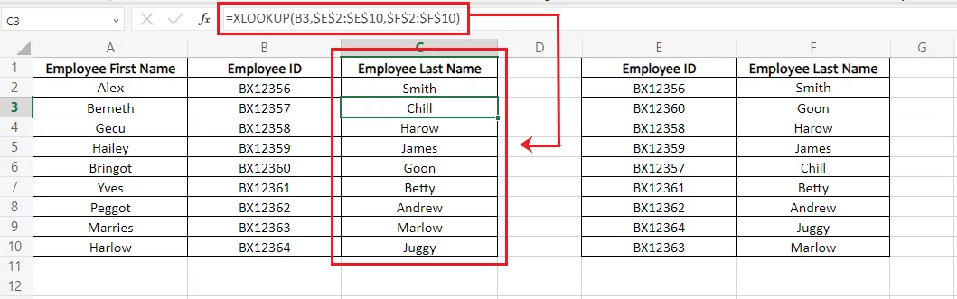 Excel finds the last names of all the employees