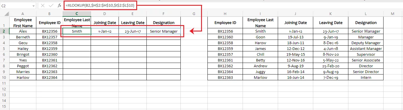 XLOOKUP function returns the value from each corresponding column