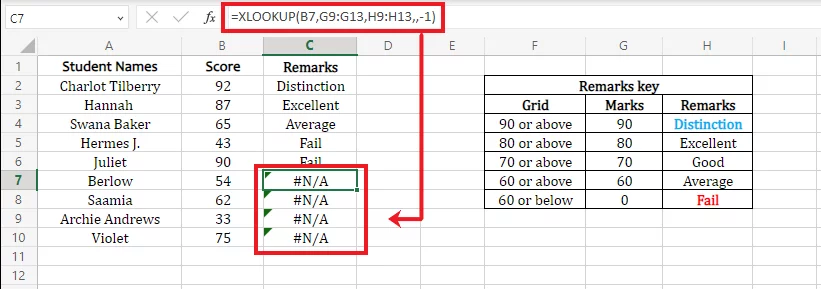 Excel returns the #N/A error