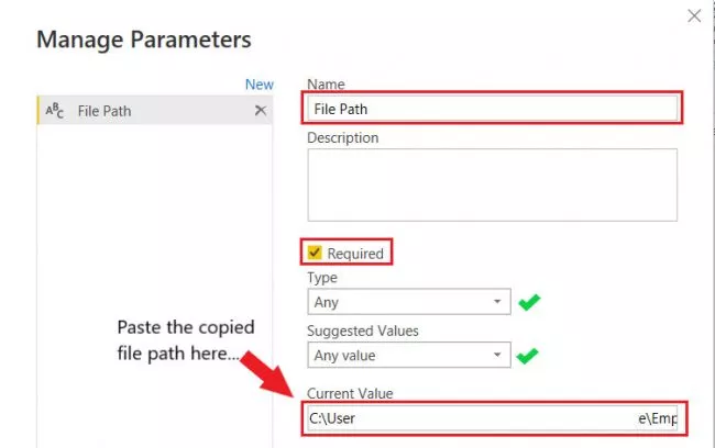 manage parameters dialogue box