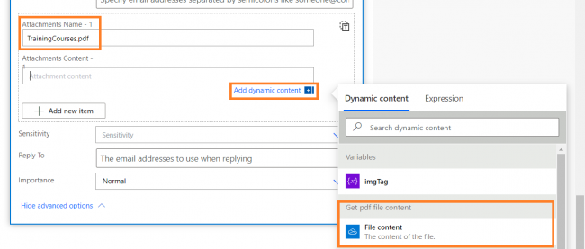 Now in the Send an email (V2) action, in the attachment section