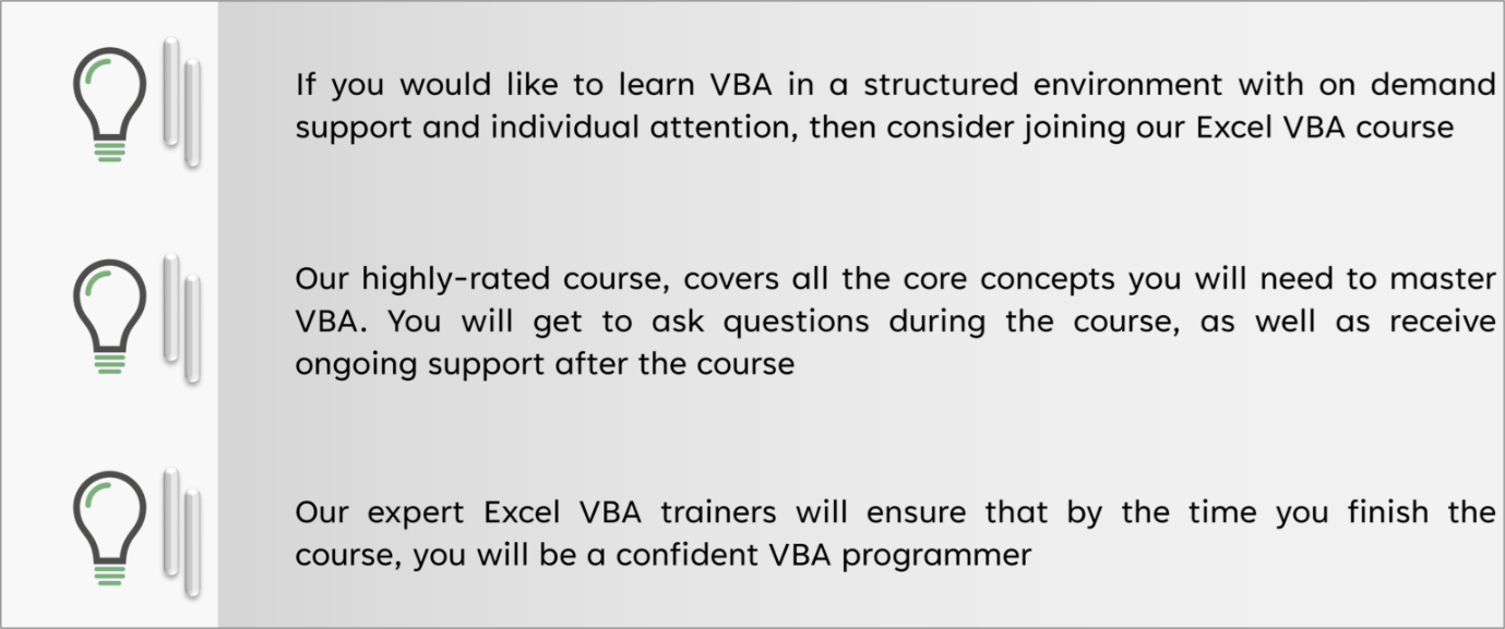 Graphic detailing the reasons to join the Acuity Excel VBA courses.