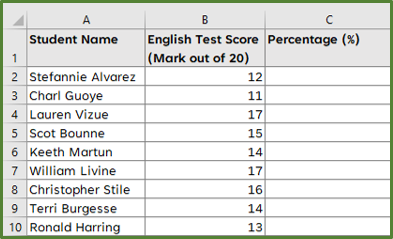 Screenshot showing the source data set for the percentage calculation in Excel.