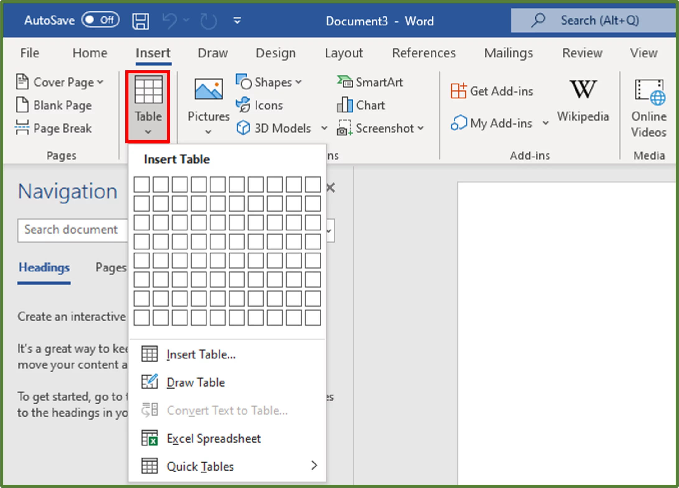 Screenshot showing the Table option highlighted.