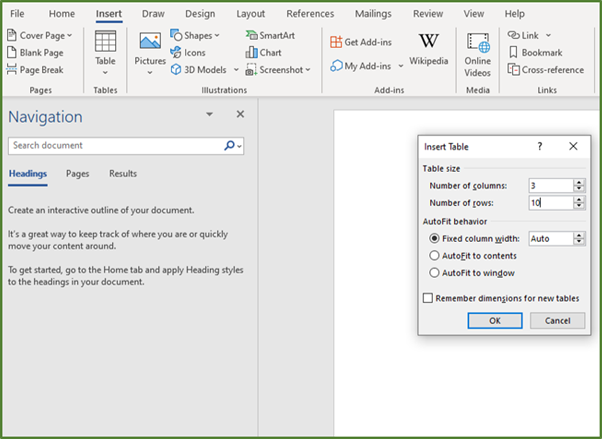 Screenshot showing the Insert Table Dialog Box.